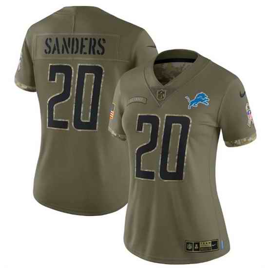 Women Detroit Lions #20 Barry Sanders 2022 Olive Salute To Service Limited Stitched Jersey