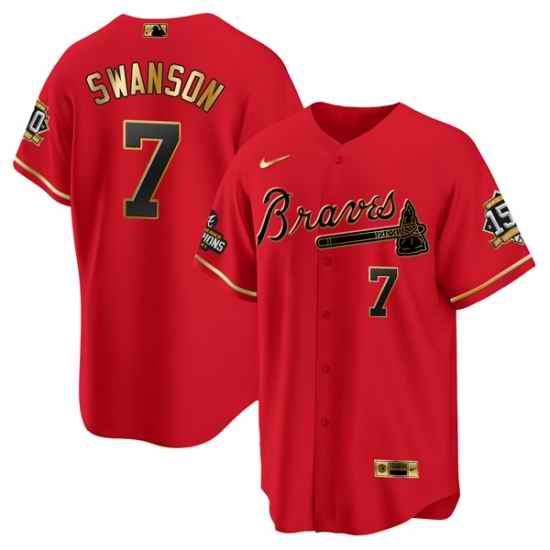 Men Atlanta Braves #7 Dansby Swanson 2021 Red Gold World Series Champions With 150th Anniversary Patch Cool Base Stitched Jersey