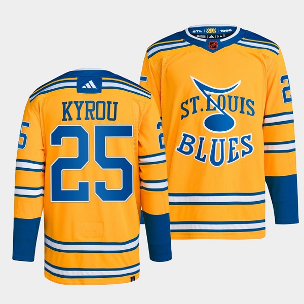 Men's St. Louis Blues #25 Jordan Kyrou Yellow 2022-23 Reverse Retro Stitched Jersey->vancouver canucks->NHL Jersey