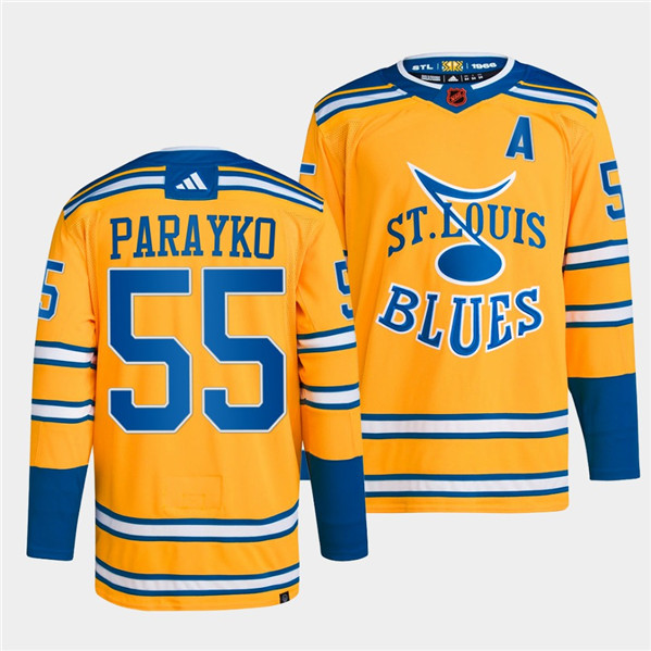 Men's St. Louis Blues #55 Colton Parayko Yellow 2022-23 Reverse Retro Stitched Jersey->vancouver canucks->NHL Jersey