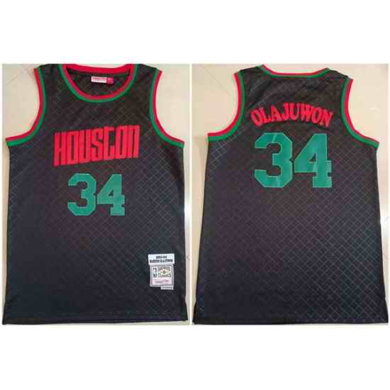 Men Houston Rockets #34 Hakeem Olajuwon Black 1993 94 Throwback Stitched Jersey->detroit pistons->NBA Jersey