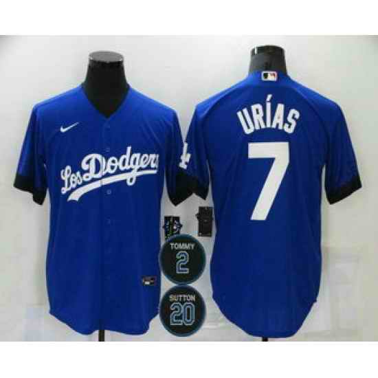 Men Los Angeles Dodgers 7 Julio Urias Blue #2 20 Patch City Connect Cool Base Stitched Jersey