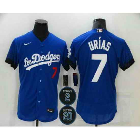 Men Los Angeles Dodgers 7 Julio Urias Blue #2 20 Patch City Connect Flex Base Stitched Jersey