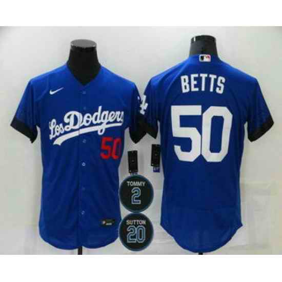 Men Los Angeles Dodgers 50 Mookie Betts Blue #2 20 Patch City Connect Flex Base Stitched Jersey