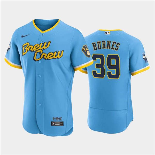 Men's Milwaukee Brewers #39 Corbin Burnes Powder Blue 2022 City Connect Flex Base Stitched Jersey->milwaukee brewers->MLB Jersey