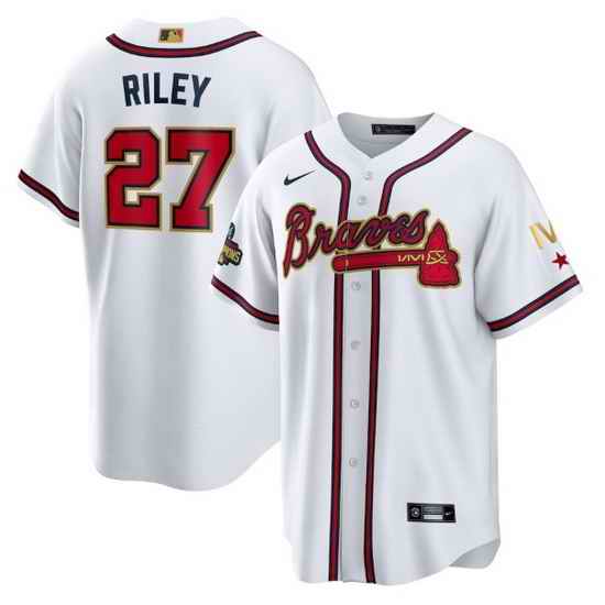 Men Atlanta Braves #27 Austin Riley 2022 White Gold World Series Champions Program Cool Base Stitched Baseball jersey
