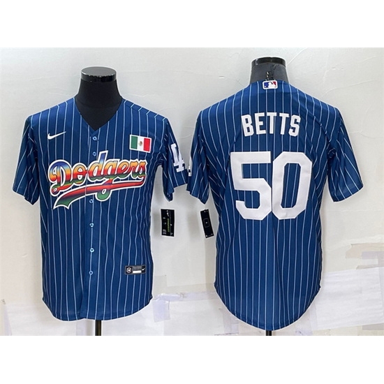 Men Los Angeles Dodgers #50 Mookie Betts Navy Mexico Rainbow Cool Base Stitched Baseball Jersey
