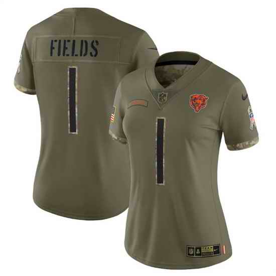 Women Chicago Bears #1 Justin Fields 2022 Olive Salute To Service Limited Stitched Jersey