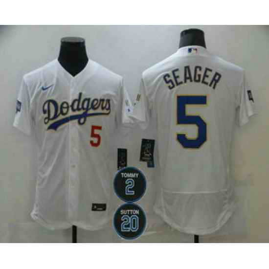 Men Los Angeles Dodgers 5 Corey Seager White #2 20 Patch Flex Base Sttiched MLB Jersey