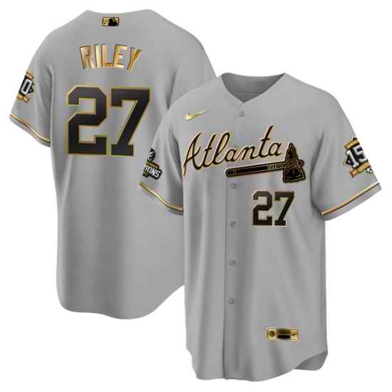 Men Atlanta Braves #27 Austin Riley 2021 Grey Gold World Series Champions With 150th Anniversary Patch Cool Base Stitched Jersey