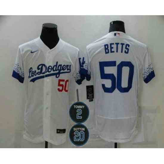 Men Los Angeles Dodgers 50 Mookie Betts White #2 20 Patch City Connect Flex Base Stitched Jersey