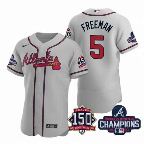 Men's Grey Atlanta Braves #5 Freddie Freeman 2021 World Series Champions With 150th Anniversary Flex Base Stitched Jersey