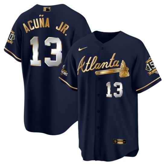 Men Atlanta Braves #13 Ronald Acuna Jr  2021 Navy Gold World Series Champions With 150th Anniversary Patch Cool Base Stitched Jersey