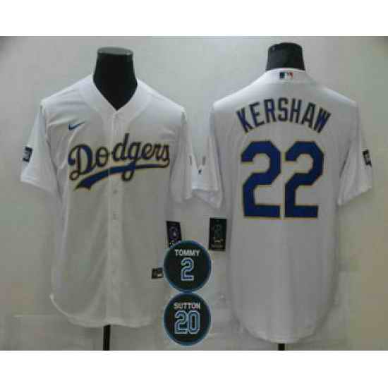 Men Los Angeles Dodgers 22 Clayton Kershaw White Gold #2 20 Patch Stitched MLB Cool Base Nike Jersey
