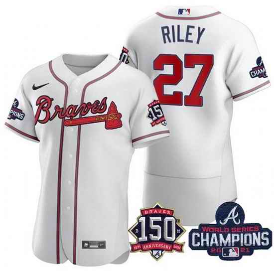 Men's White Atlanta Braves #27 Austin Riley Swanson 2021 World Series Champions With 150th Anniversary Flex Base Stitched Jersey->tampa bay buccaneers->NFL Jersey