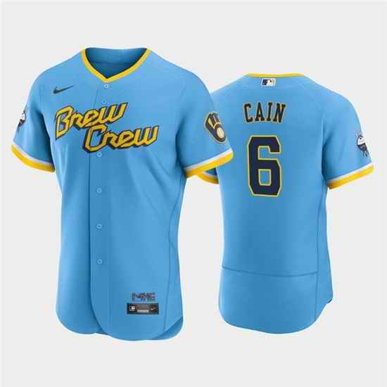 Men Milwaukee Brewers #6 Lorenzo Cain Powder Blue 2022 City Connect Flex Base Stitched MLB Jersey->miami marlins->MLB Jersey