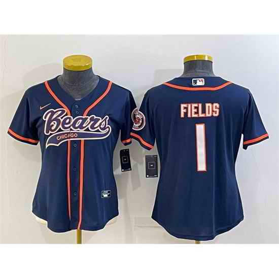 Women Chicago Bears #1 Justin Fields Navy With Patch Cool Base Stitched Baseball Jersey