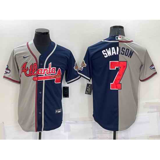 Men Atlanta Braves #7 Dansby Swanson Gray Navy Two Tone Split Cool Base Stitched Baseball Jersey->montreal expos->MLB Jersey