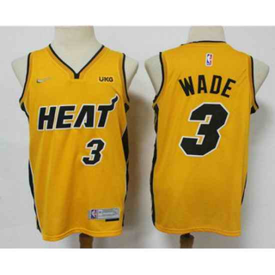 Men Miami Heat #3 Dwyane Wade Yellow Nike Swingman 2021 Earned Edition Stitched Jersey With NEW Sponsor Logo