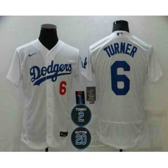 Men Los Angeles Dodgers 6 Trea Turner White #2 20 Patch Stitched MLB Flex Base Nike Jersey