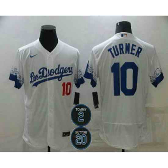 Men Los Angeles Dodgers 10 Justin Turner White #2 20 Patch City Connect Flex Base Stitched Jersey