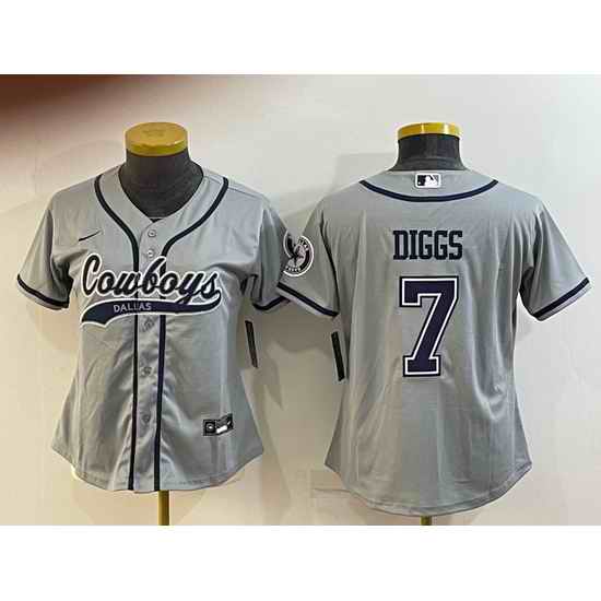 Women Dallas Cowboys #7 Trevon Diggs Grey With Patch Cool Base Stitched Baseball Jersey