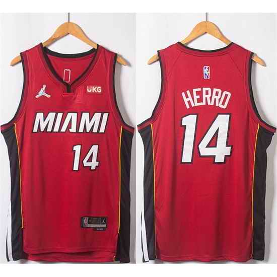 Men Miami Heat #14 Tyler Herro Red Statement Edition 75th Anniversary Stitched Jersey