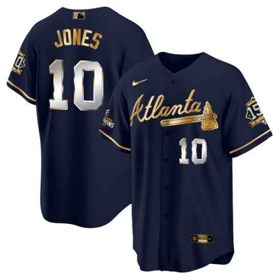 Men Atlanta Braves #10 Chipper Jones 2021 Navy Gold World Series Champions With 150th Anniversary Patch Cool Base Stitched Jersey