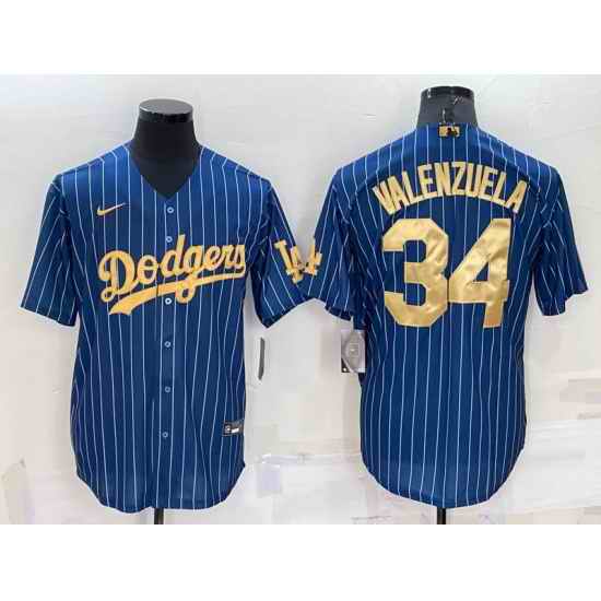 Men Los Angeles Dodgers #34 Fernando Valenzuela Navy Gold Cool Base Stitched Baseball Jersey
