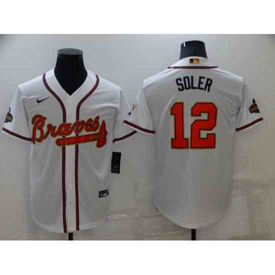Men Atlanta Braves #12 Jorge Soler 2022 White Gold World Series Champions Program Cool Base Stitched Baseball jersey