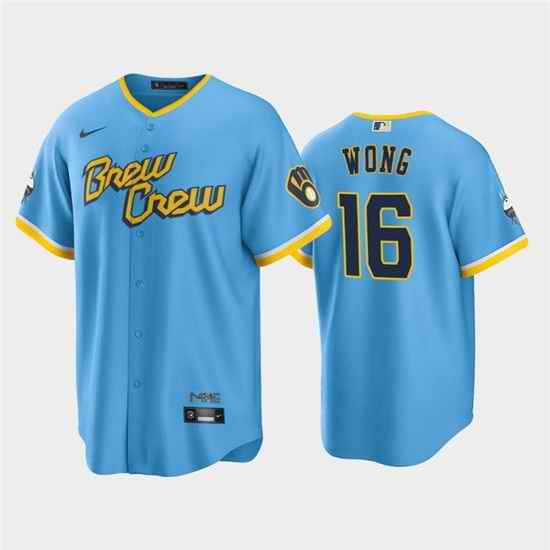 Men Milwaukee Brewers #16 Kolten Wong 2022 Powder Blue City Connect Cool Base Stitched Jersey->milwaukee brewers->MLB Jersey