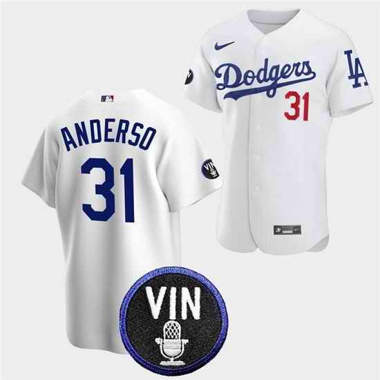 Men Los Angeles Dodgers #31 Tyler Anderson 2022 White Vin Scully Patch Cool Base Stitched Baseball Jersey