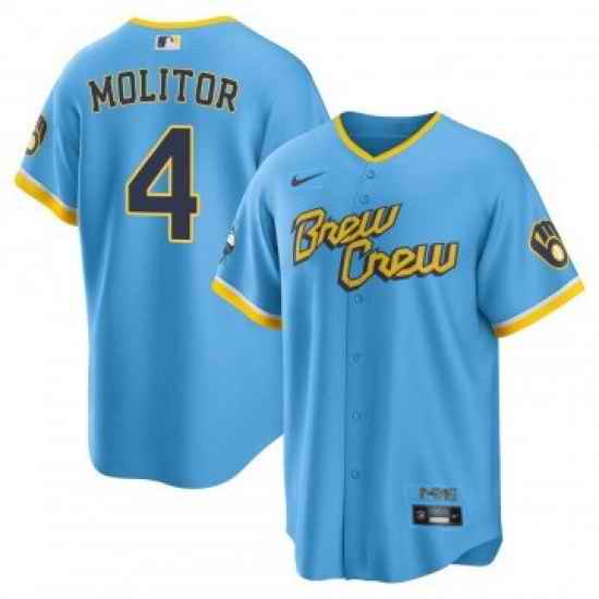 Men Milwaukee Brewers #4 Paul Molitor 2022 Powder Blue City Connect Cool Base Stitched Jersey->minnesota twins->MLB Jersey