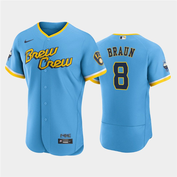 Men's Milwaukee Brewers #8 Ryan Braun Powder Blue 2022 City Connect Flex Base Stitched Jersey->milwaukee brewers->MLB Jersey