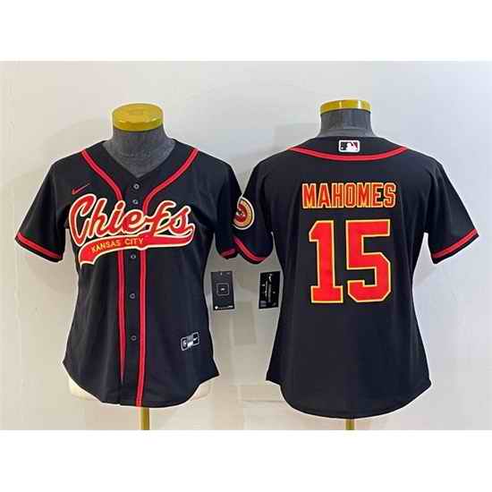 Women Kansas City Chiefs #15 Patrick Mahomes Black With Patch Cool Base Stitched Baseball Jersey
