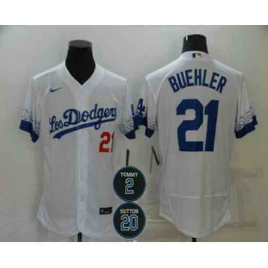 Men Los Angeles Dodgers 21 Walker Buehler White #2 20 Patch City Connect Flex Base Stitched Jersey