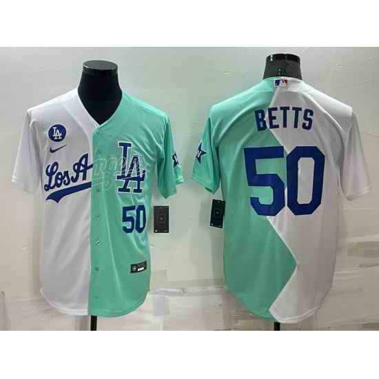Men Los Angeles Dodgers #50 Mookie Betts 2022 All Star White Green Cool Base Stitched Baseball Jerseys