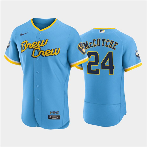 Men's Milwaukee Brewers #24 Andrew McCutchen Powder Blue 2022 City Connect Flex Base Stitched Jersey->milwaukee brewers->MLB Jersey