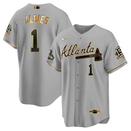 Men Atlanta Braves #1 Ozzie Albies 2021 Grey Gold World Series Champions With 150th Anniversary Patch Cool Base Stitched Jersey