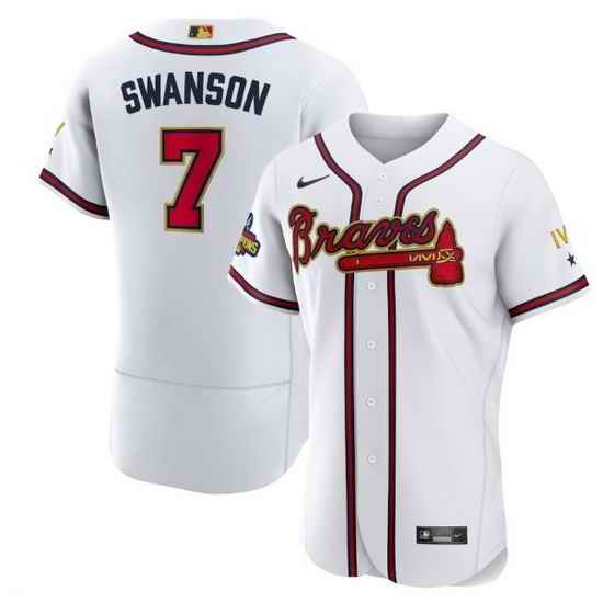 Men Atlanta Braves #7 Dansby Swanson 2022 White Gold World Series Champions Program Flex Base Stitched Baseball jersey