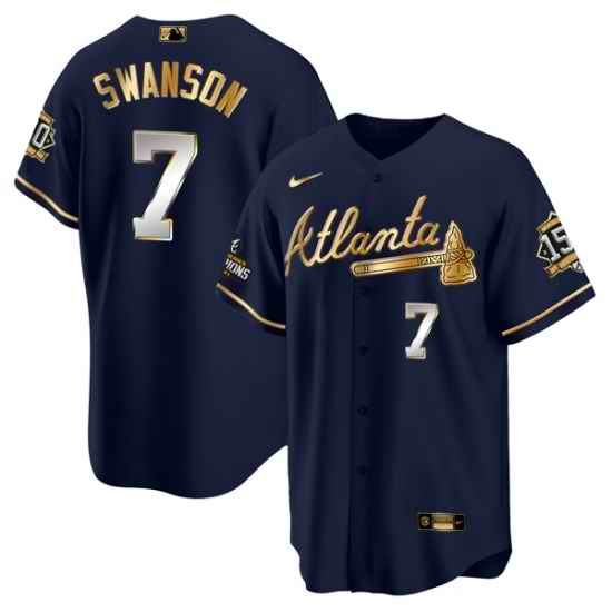 Men Atlanta Braves #7 Dansby Swanson 2021 Navy Gold World Series Champions With 150th Anniversary Patch Cool Base Stitched Jersey