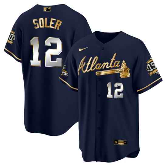 Men Atlanta Braves #12 Jorge Soler 2021 Navy Gold World Series Champions With 150th Anniversary Patch Cool Base Stitched Jersey