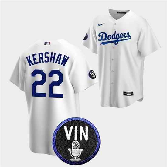 Men Los Angeles Dodgers #22 Clayton Kershaw 2022 White Vin Scully Patch Cool Base Stitched Baseball Jersey