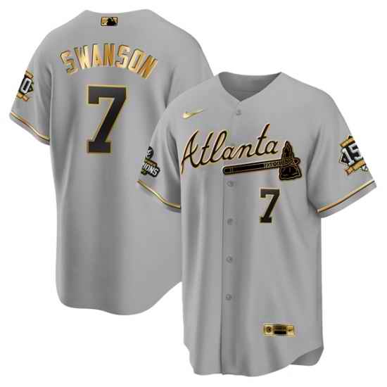 Men Atlanta Braves #7 Dansby Swanson 2021 Grey Gold World Series Champions With 150th Anniversary Patch Cool Base Stitched Jersey