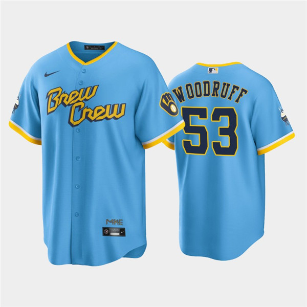 Men's Milwaukee Brewers #53 Brandon Woodruff Powder Blue 2022 City Connect Cool Base Stitched Jersey->minnesota twins->MLB Jersey