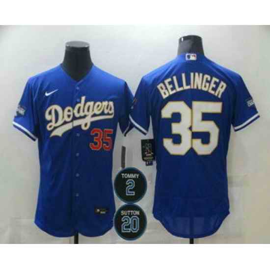 Men Los Angeles Dodgers 35 Cody Bellinger Blue Gold #2 20 Patch Stitched MLB Flex Base Nike Jersey