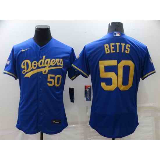 Men Los Angeles Dodgers #50 Mookie Betts Blue Gold 2020 World Series Flex Base Stitched Jersey