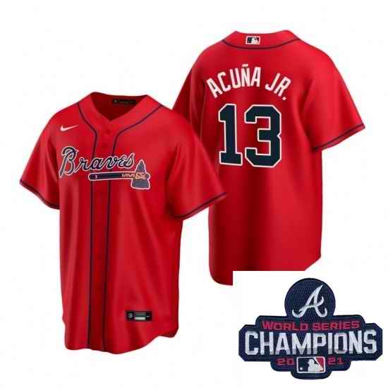 Men Nike Atlanta Braves #13 Ronald Acuna Jr Red Alternate Stitched Baseball Stitched MLB 2021 Champions Patch Jersey->2021 world series->MLB Jersey