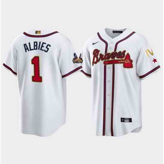 Men Atlanta Braves #1 Ozzie Albies 2022 White Gold World Series Champions Program Cool Base Stitched Baseball jersey