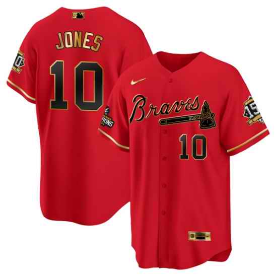 Men Atlanta Braves #10 Chipper Jones 2021 Red Gold World Series Champions With 150th Anniversary Patch Cool Base Stitched Jersey